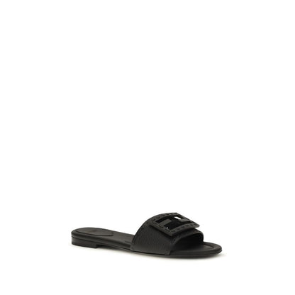 Fendi Black Calf Leather Bos Taurus Flat Sandals - HBPS Beauty & Fashion