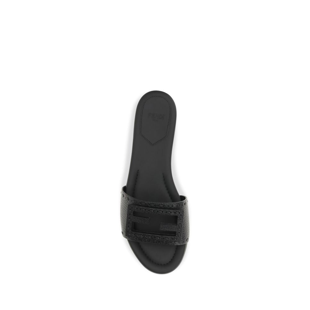 Fendi Black Calf Leather Bos Taurus Flat Sandals - HBPS Beauty & Fashion
