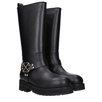 Off-White Black Leather Flat Boots - HBPS Beauty & Fashion