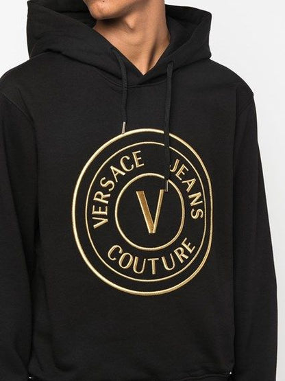 Versace Jeans Black Cotton Logo Details Hooded Sweatshirt - HBPS Beauty & Fashion
